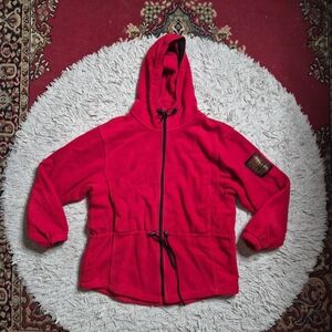 Womens Vintage Woolrich Fleece Jacket Red With Hood Winter Fall Gorpcore Outdoor